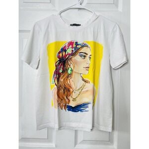 ZARA Womens Graphic T-Shirt Size M White Colorful Portrait Art Short Sleeve Tee‎